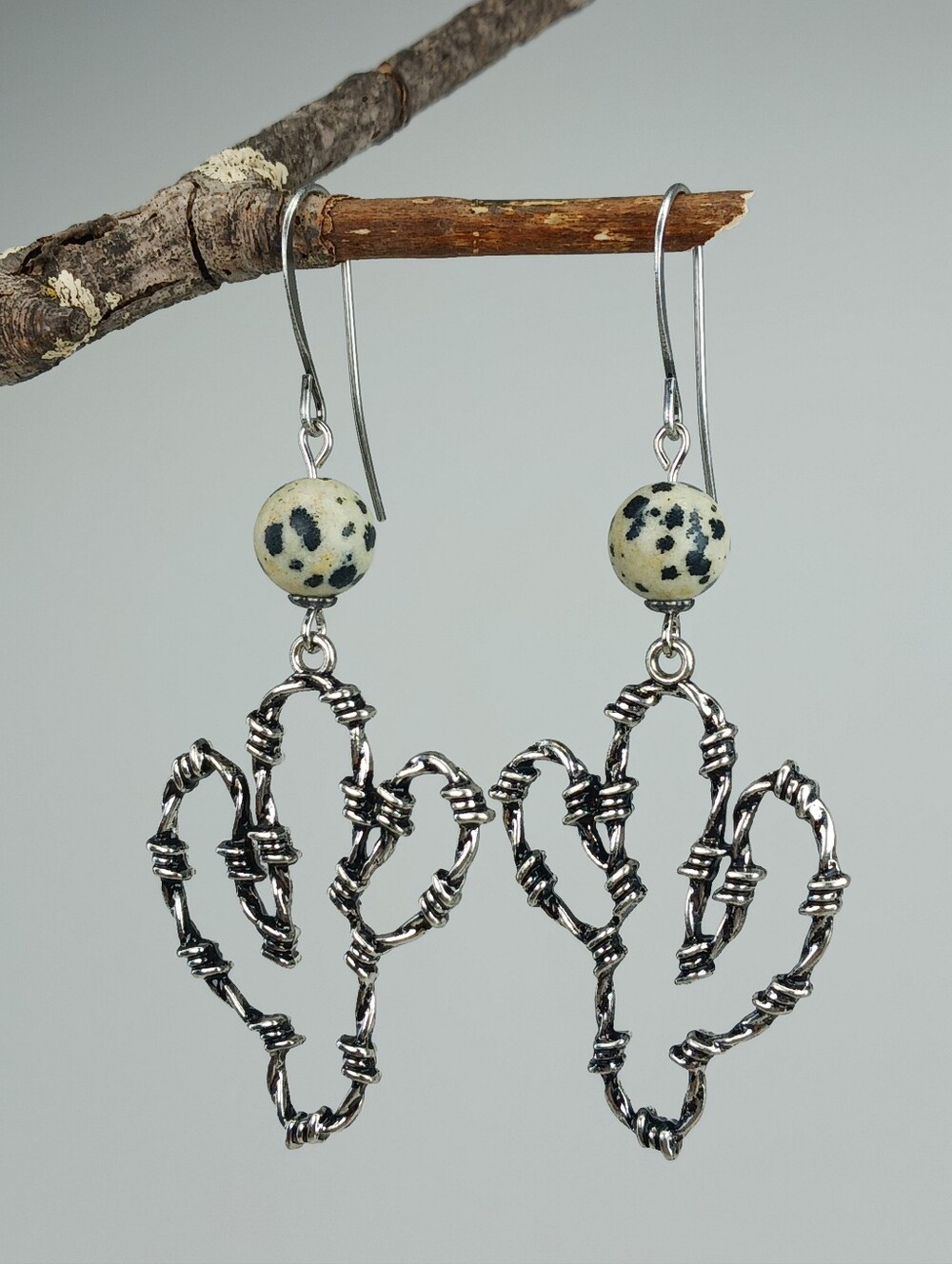 Dalmatian Jasper Cactus Earrings Antiqued Silver Hand Crafted - Picture 2 of 7